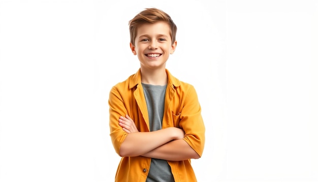 a boy with a yellow jacket on a white background