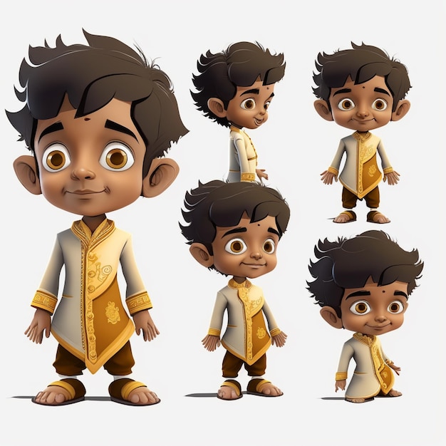 A boy with a yellow outfit and a white shirt with the word monkey on it.