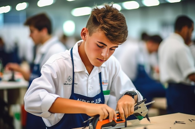 A boy working on a piece of wood with the words aira on the front