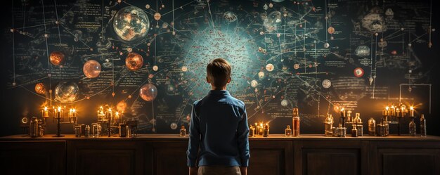 boy writing on a blackboard from behind