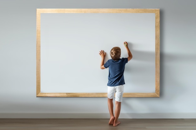 Boy writing messages and texts on white board Mockup for inserting phrases and advertisements