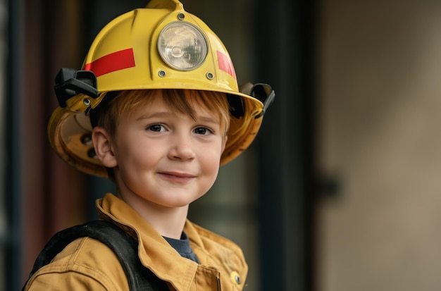 Boy in yellow firefighter helmet