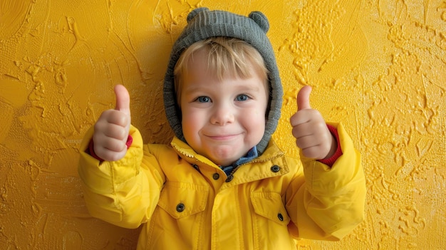 Boy in yellow jacket with thumbs up against yellow wall