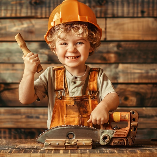 A boy in yellow plaid shirt and overalls happily plays with a toy chainsaw in a rustic workshop aig