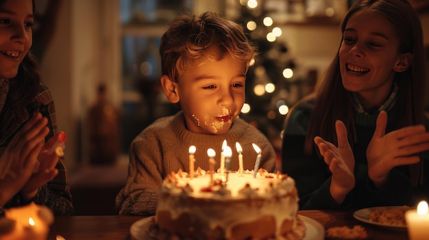 A boy39s birthday parents blowing birthday cake together