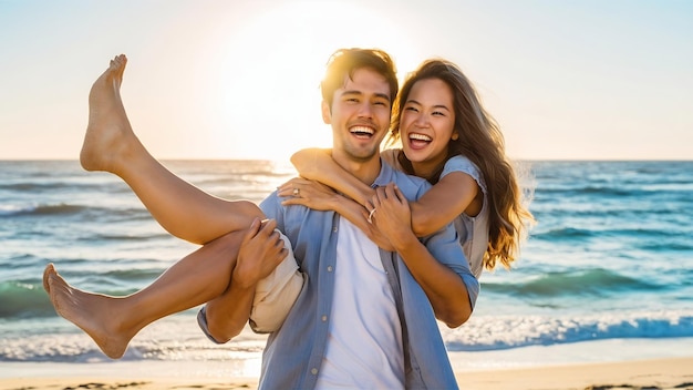 Boyfriend carrying young girlfriend at the beach