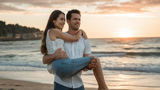 Boyfriend carrying young girlfriend at the beach