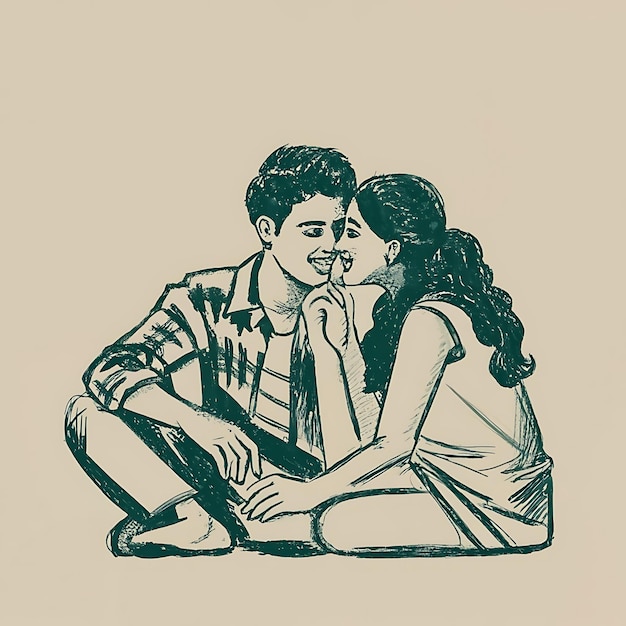 Boyfriend with girlfriend talking together sketch art illustration Bengali culture