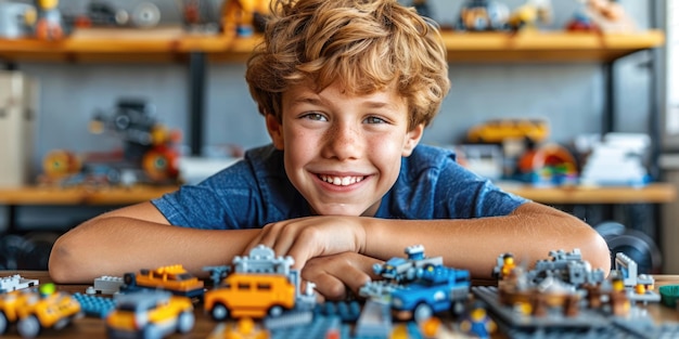 Photo boys enthusiastically playing with toys beside their father at home in a creative space