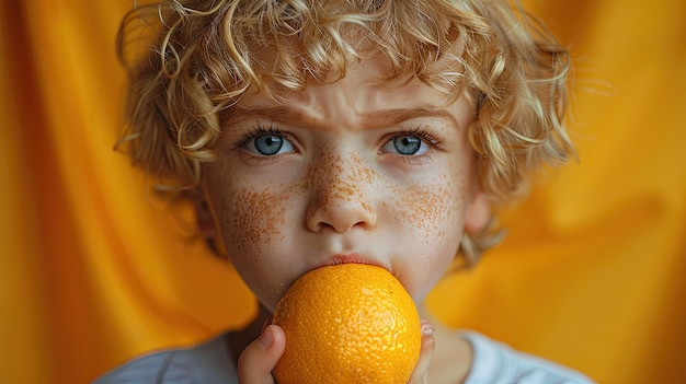 A boys grimace of disgust tasting a lemon