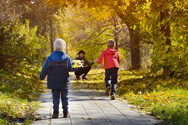 Boys running towards her mother Autumn Park Back view