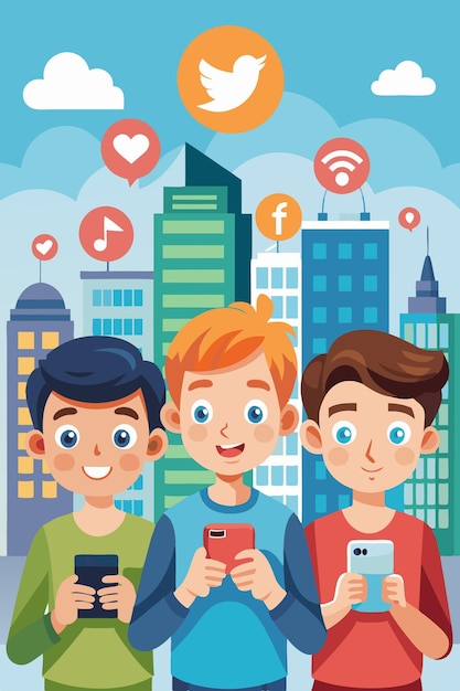 Boys Using Smartphone with Social Media Icons in City