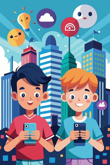 Boys Using Smartphone with Social Media Icons in City