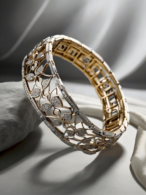 A bracelet features intricate gold and silver designs