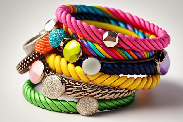 Bracelet stack of colorful bracelets with white background created with generative ai