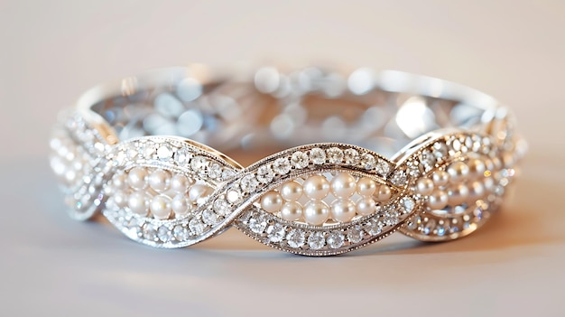 a bracelet with a white pearl and diamonds on it