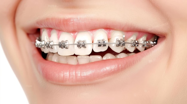 braces on teeth Beautiful red lips and white teeth with metal braces A girls smile