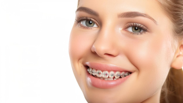 braces on teeth Beautiful red lips and white teeth with metal braces A girls smile