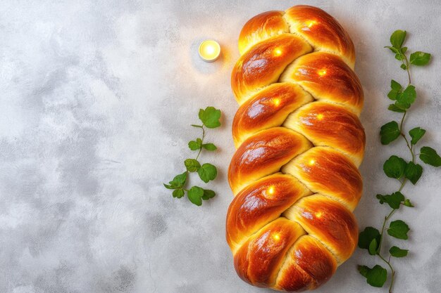 Photo braided candle challah bread for shabbat kiddush ceremony with jewish symbols