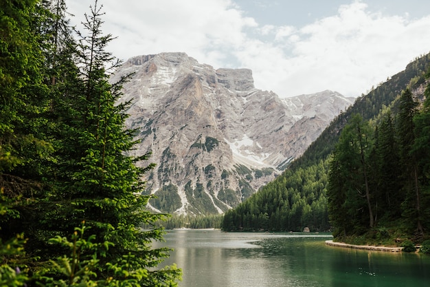 Braies Lake in Dolomites mountains Sudtirol, Italy.