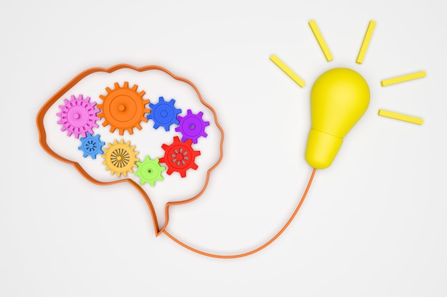 Brain 3D and gears for good idea concept  mechanism to light tub