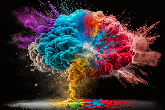 Brain explosion with multicolored powder on a black background Generative AI