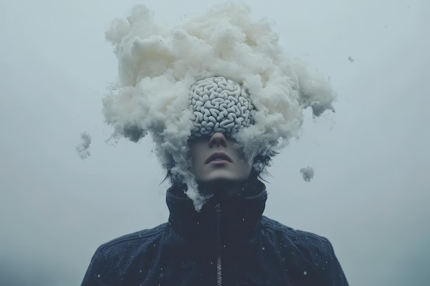 Photo brain health synaptic transmission surreal portrait of a man with a cloud covered head and obscured