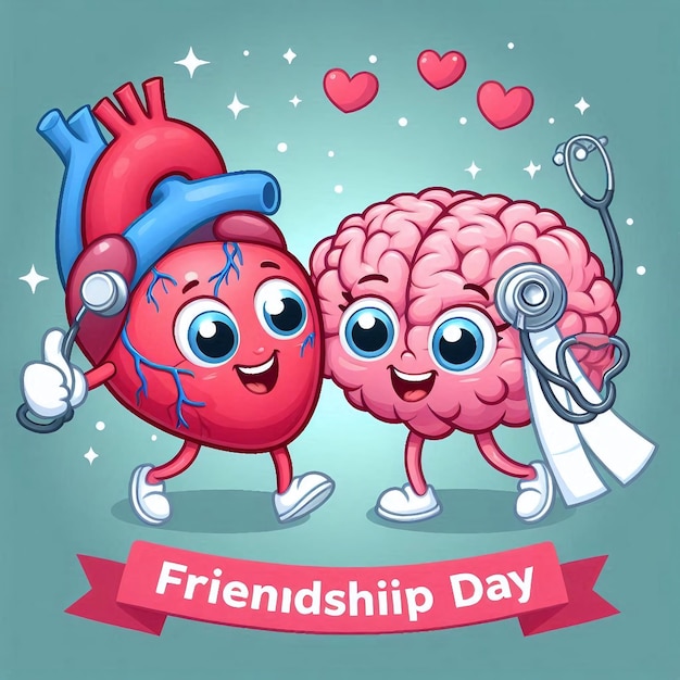 brain heart liver are standing in a field with balloons and the word friendship