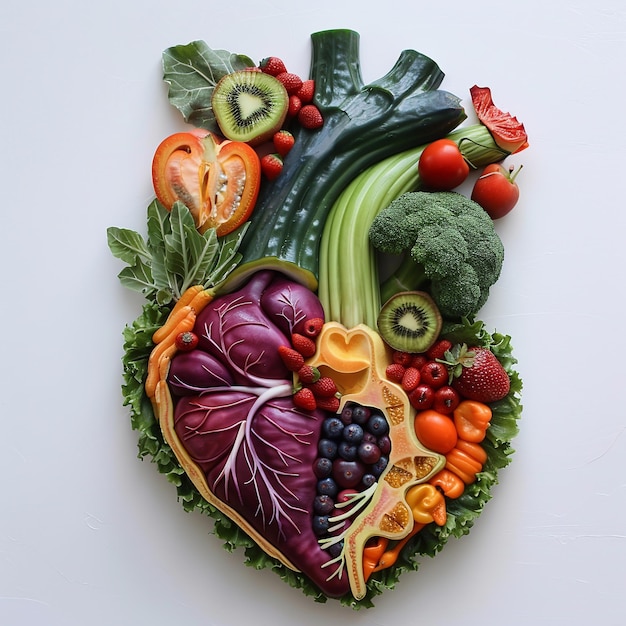 Brain and heart sculptures made from vibrant fruits and vegetables showcasing the fusion of nature