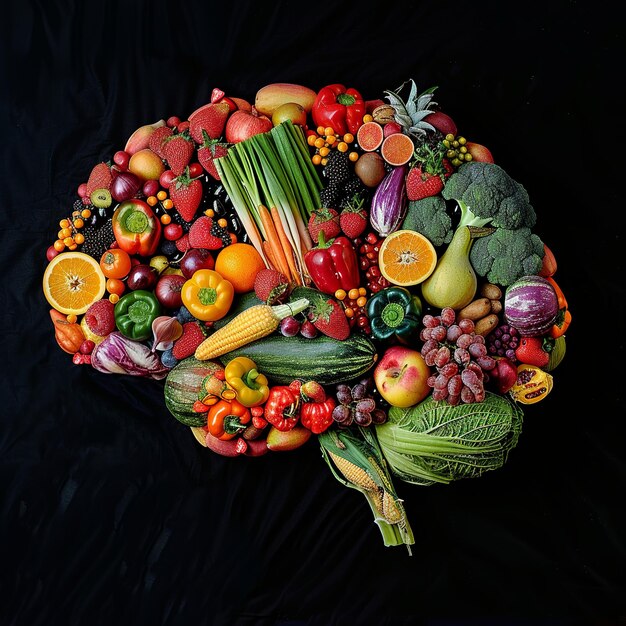 Brain and heart sculptures made from vibrant fruits and vegetables showcasing the fusion of nature