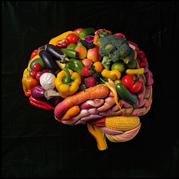 Brain and heart sculptures made from vibrant fruits and vegetables showcasing the fusion of nature