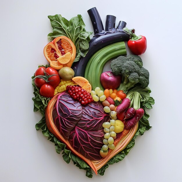 Brain and heart sculptures made from vibrant fruits and vegetables showcasing the fusion of nature