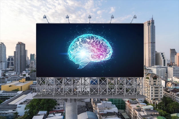 Brain hologram on billboard with Bangkok cityscape background at sunset Street advertising poster Front view The largest science hub in Southeast Asia Coding and hightech science