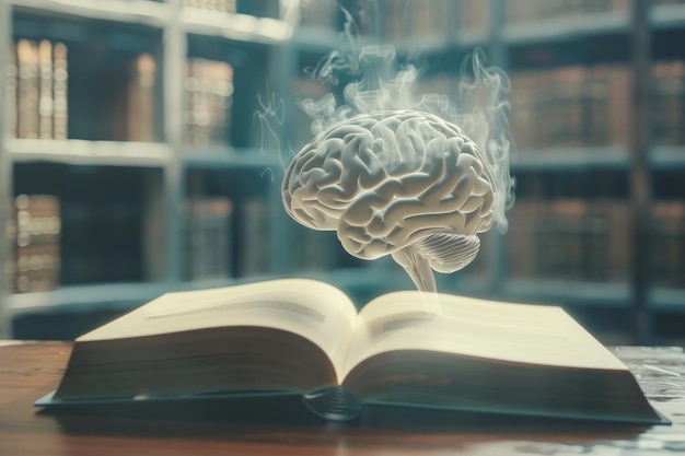 Photo a brain illustration emerging artistically from an open book surrounded by a library setting symbolizes the power and vastness of knowledge