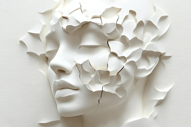 Photo brain interaction smart white head sculpture with fragments breaking away symbolizing the fragmenta