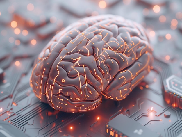 A brain is shown on a computer chip with a glowing orange hue