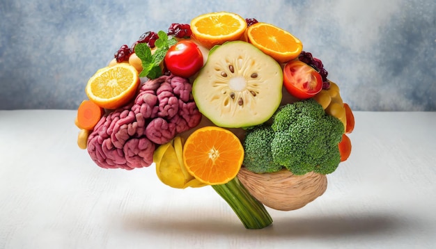 Brain made out of fruits and vegetables isolated on white background