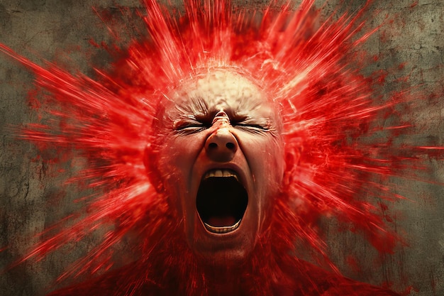 Brain map audio frequency electric field energy flow and electric flow man screaming with red burst