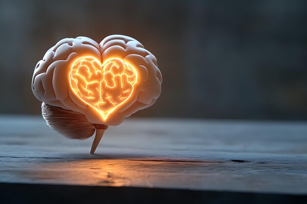 Photo brain model with heart outline gentle bokeh