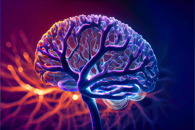 brain neuron neural communication and technology concept, brain in blue lights and electronic circuits, created with Generative AI technology