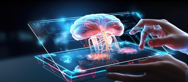 brain organ over digital tablet over futuristic HUD doctor39s hand