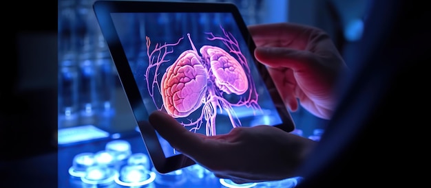 brain organ on top of a digital tablet held by a futuristic HUD doctor