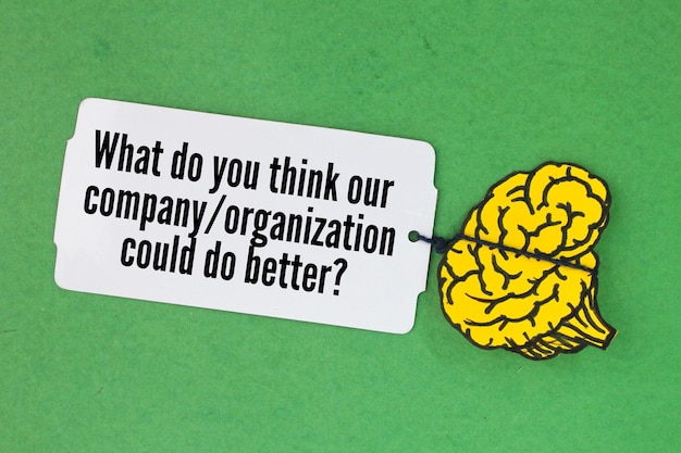 brain shape and white paper tags with question words What do you think our companyorganization coul