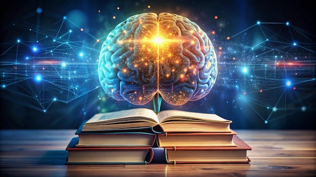 Photo a brain with a book on the top of it and a world map on the screen