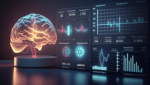 A brain with a display of a brain and a brain with a display of graphs and graphs.