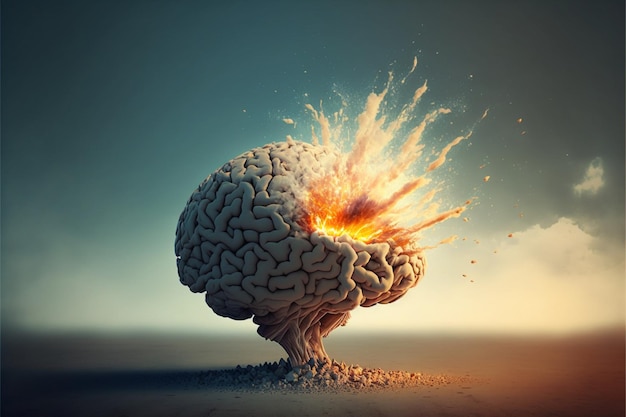 A brain with a explosion of fire and a light source.