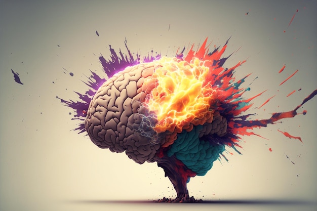 A brain with a flame and fire coming out of it.