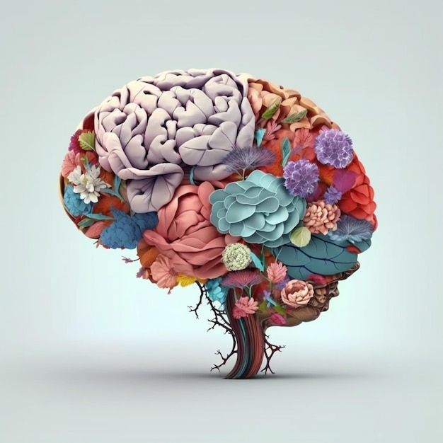 Brain with Flowers A Creative Mind Concept Illustration Created with Generative AI