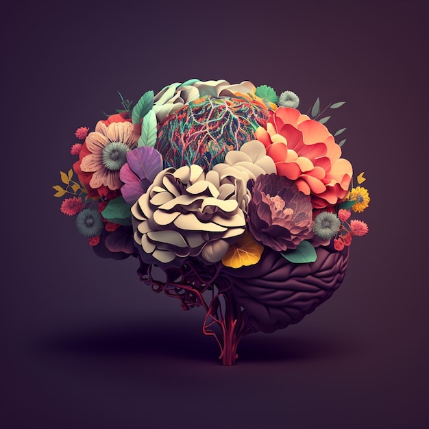 Brain with Flowers A Creative Mind Concept Illustration Created with Generative AI