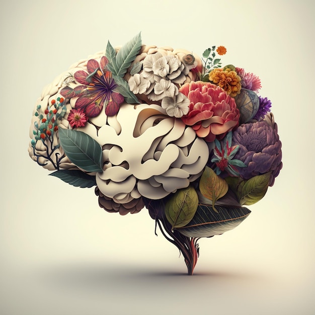 Brain with Flowers A Creative Mind Concept Illustration Created with Generative AI